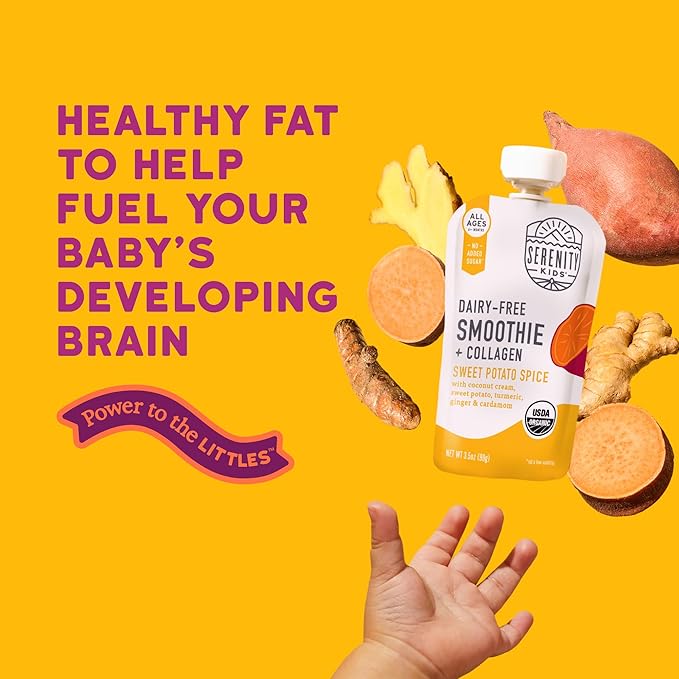 Serenity Kids 6+ Months Dairy-Free Organic Baby Food Smoothie Pouch - BPA-Free & Grass-Fed Collagen Protein Smoothie - 3.5 Oz, 12 Pack