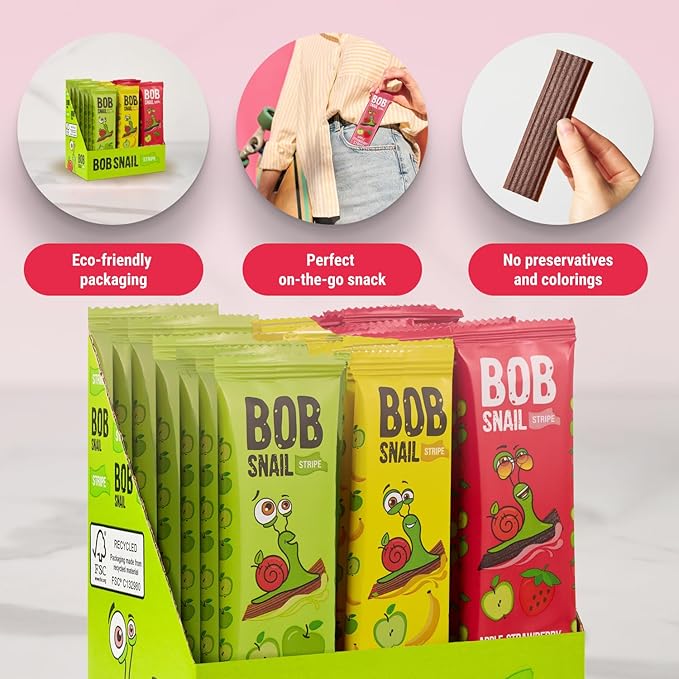 BOB SNAIL Healthy Organic Fruit Snacks for Kids and Adults – 30 Organic Fruit Leather Snacks with Apple, Banana, Strawberry – Vegan Low-Carb Variety Pack Strips for Kids – Sugar Free Jerky Bars