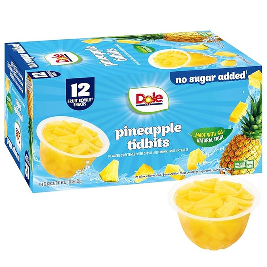 Dole Pineapple Tidbits with No Sugar Added - Dole Fruit Bowls Snacks - 4 oz Fruit Bowls - 12 Pack