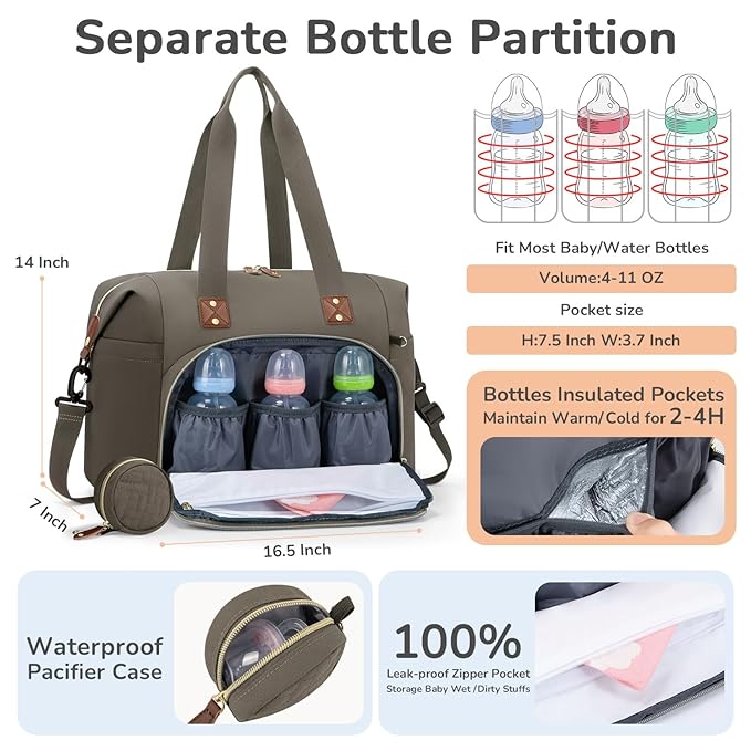 Diaper Bag Tote, Baby Bag Travel Diaper Tote Bag with Pacifier Case, Cute Maternity Hospital Baby Stylish Diaper Tote for Mom Dad Khaki