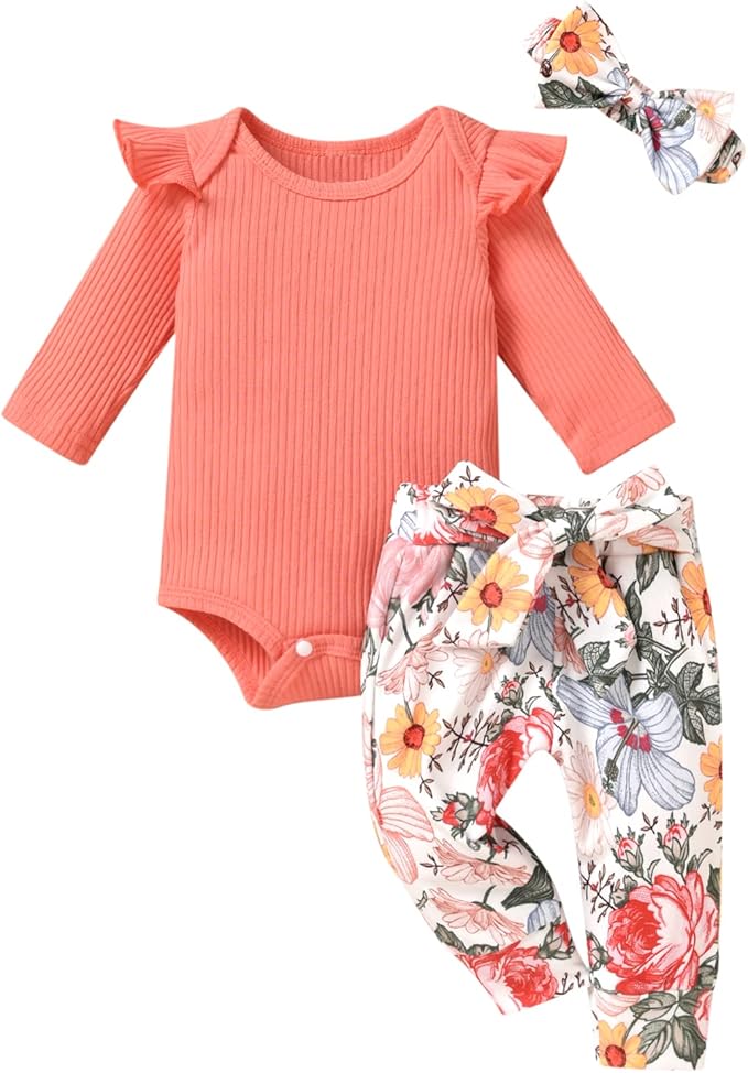 Aalizzwell Preemie Newborn Infant Baby Girls Clothes Ribbed Romper Bodysuit Pants Set Fall Winter Outfits