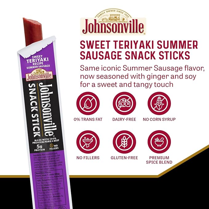 Johnsonville Summer Sausage Snack Sticks - Dairy Free, Gluten Free Protein Snacks, Jerky Snack Packs - Sweet Teriyaki, 1 oz., 24-Pack