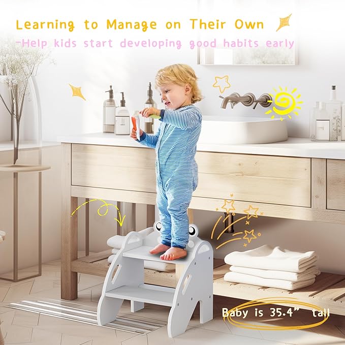 Frog-Themed Toddler Step Stool, 2-Step Stool for Bathroom Sink & Potty Training, Kids Kitchen Helper Stool with Safety Handles (Natural Wood, 120lbs Capacity),Gray