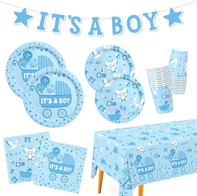 Baby Boy Shower Decorations for 24 Guests - It’s A Boy Decorations Kit Including Disposable Plates, Napkins, Cups, Tablecloth & Banner for Baby Shower Decorations Boy