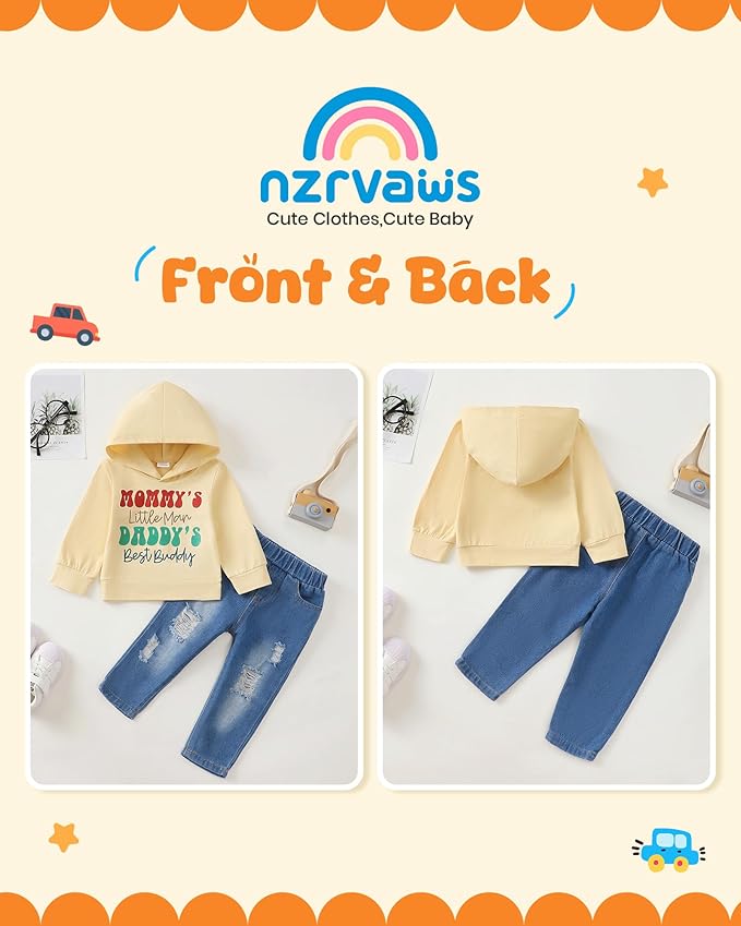 NZRVAWS Baby Boy Clothes Toddler Boy Outfit 2 3 4T 6 12 18 24 Month Fall Winter Hoodie Ripped Jeans Clothing