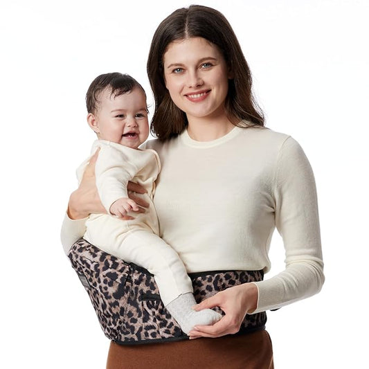 Momcozy Hip Seat Baby Carrier - Adjustable Waistband with Original 3D Belly Protector, Ergonomic Carrier with Various Pockets for Newborns & Toddlers up to 45lbs (Leopard, Medium)