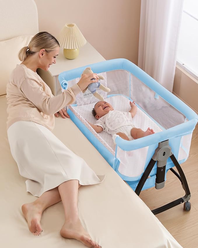 3 in 1 Baby Bassinet, Bedside Crib with Breathable Mesh, Bassinet Bedside Sleeper with Wheels, Mosquito Net, Storage Basket, 6 Height Adjustable, Easy to Fold, Dark Black