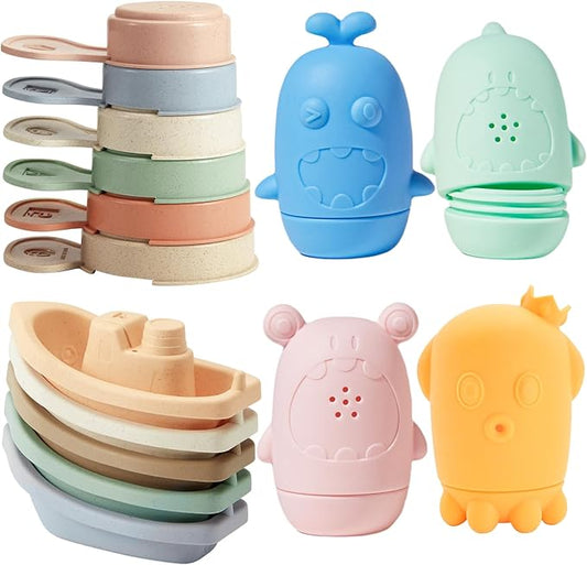 Baby Bath Toys for Kids Ages 1-3, 15 PCS Mold Free Bath Toys for Toddlers 2-4 Bathtub Water Table Pool Toys, Silicone Bath Toy and Bath Boats Spoons, Christmas Stocking Stuffers for Babies & Toddlers