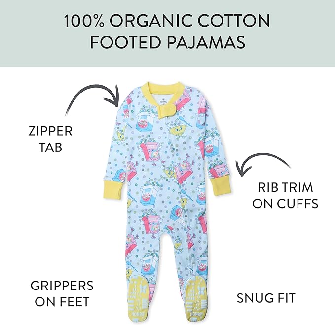 HonestBaby Non-Slip Footed Pajamas One-Piece Sleeper Zip-Front Pjs 100% Organic Cotton for Baby Girls
