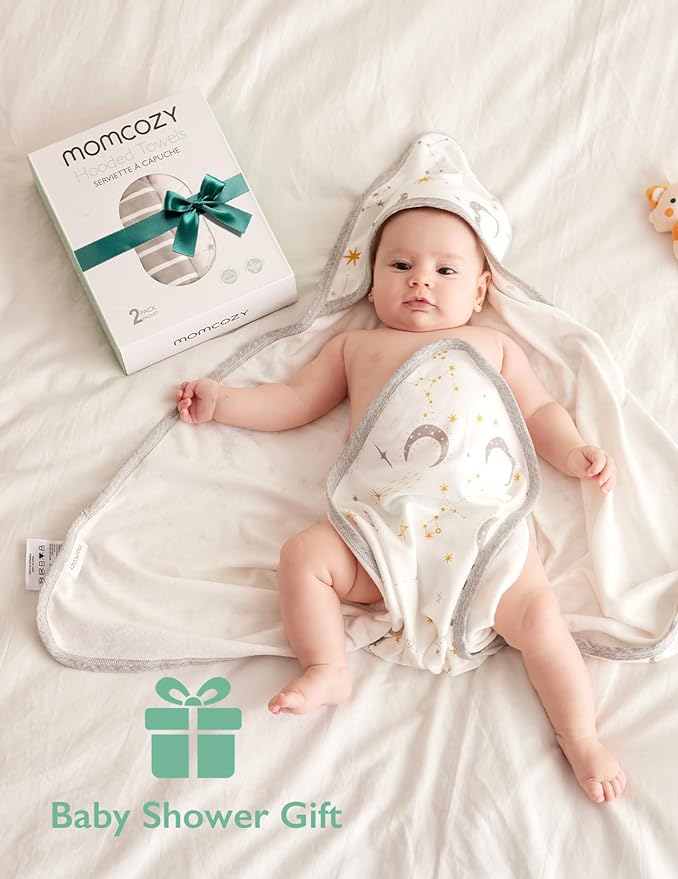 Momcozy Baby Hooded Towel, 2 Pack Cotton Bath Towel for Boy or Girl, Super Soft Baby Towel with Original Design, Shower Gifts for Newborn (28 X 28 Inch, Starry Sky)