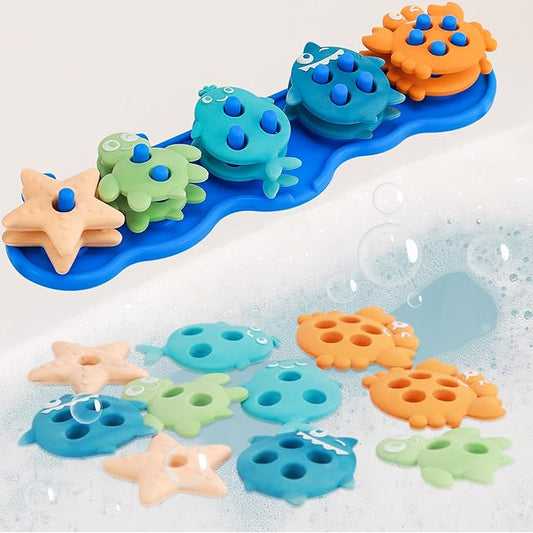 Baby Bath Toys, Mold Free Silicone Shape Sorting & Stacking Bath Toys for Kids Ages 1-3 with 10 Cute Floating Pieces, Color & Shape Sorter Toys Set for Toddler Early Learning Bathtub Fun Essentials