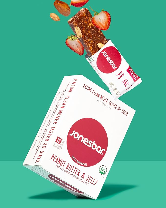 JONESBAR (Peanut Butter and Jelly, 12 Count (Pack of 1)), USDA Organic Fruit & Nut Bar, Non-GMO, Kosher, Vegan, Gluten Free, Simple Snack Bar