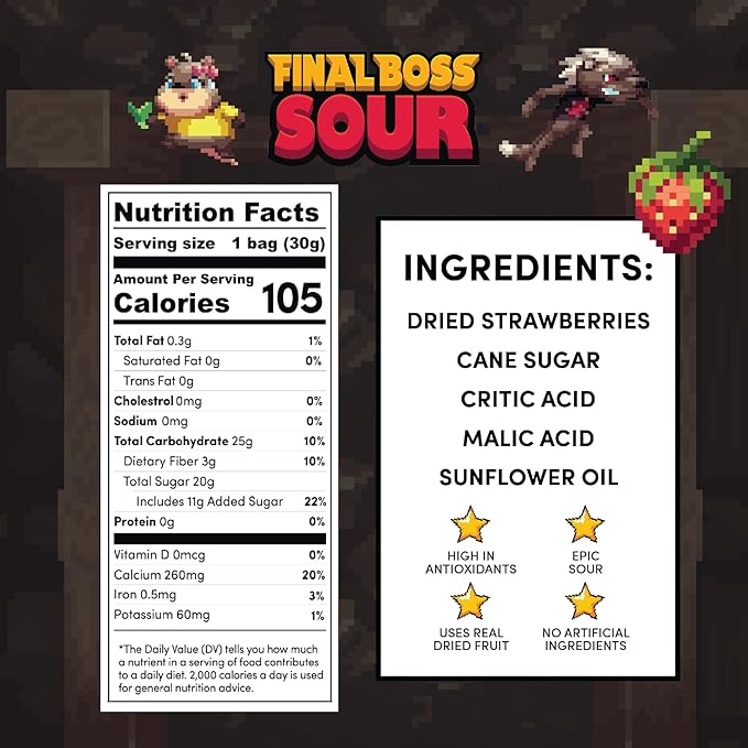 Final Boss Sour Candy, Sour Strawberries, 10 Pack, Level 3, Fruit Chews with Real Dried Fruit, No Artificial Colors or Flavors, Low Calorie Snack for Kids, Teens, Adults, Lunch Boxes & On The Go