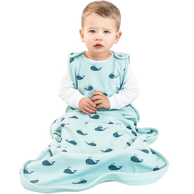Woolino Ultimate Sleep Sack - 4 Season - Merino Wool and Organic Cotton Two-Way Zipper Adjustable Sleeping Bag - Universal Size Sleep Sack for Baby (2-24 Months) - Whales