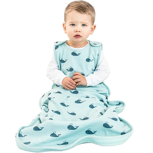 Woolino Ultimate Sleep Sack - 4 Season - Merino Wool and Organic Cotton Two-Way Zipper Adjustable Sleeping Bag - Universal Size Sleep Sack for Baby (2-24 Months) - Whales