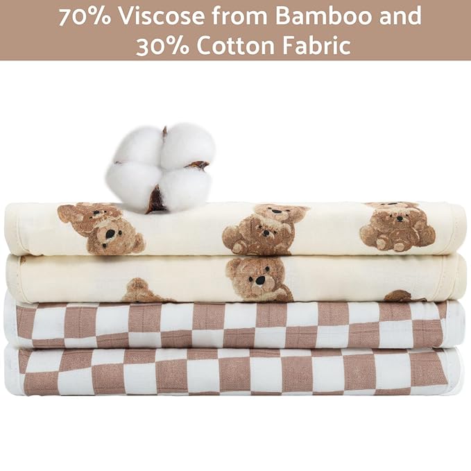 LifeTree Muslin Baby Burp Cloths - 2 Pack 70% Viscose from Bamboo and 30% Cotton Large 22'' by 10'' Absorbent Milk Spit Up Rags - Burping Cloths for Newborn, Girls Boys, Bear and Checkered