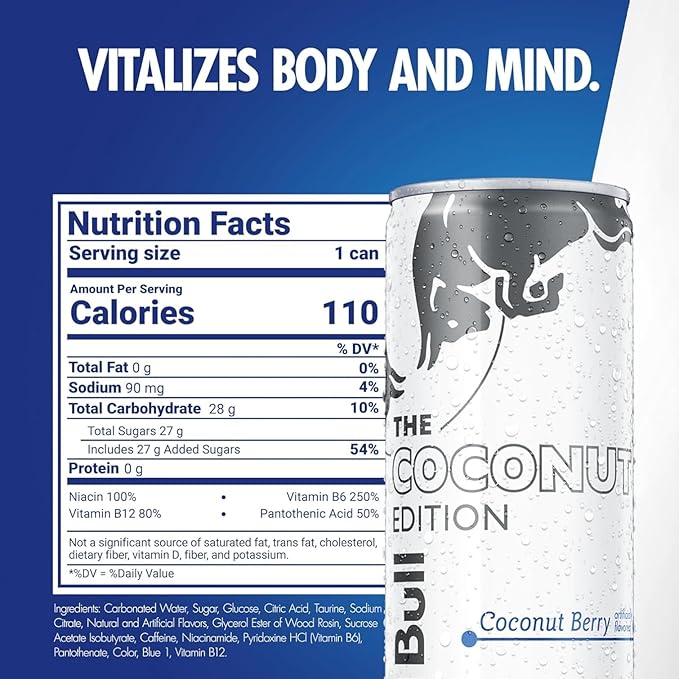 Red Bull Coconut Edition Energy Drink, Coconut Berry, with 80mg Caffeine plus Taurine & B Vitamins, 8.4 Fl Oz, Pack of 4 Cans