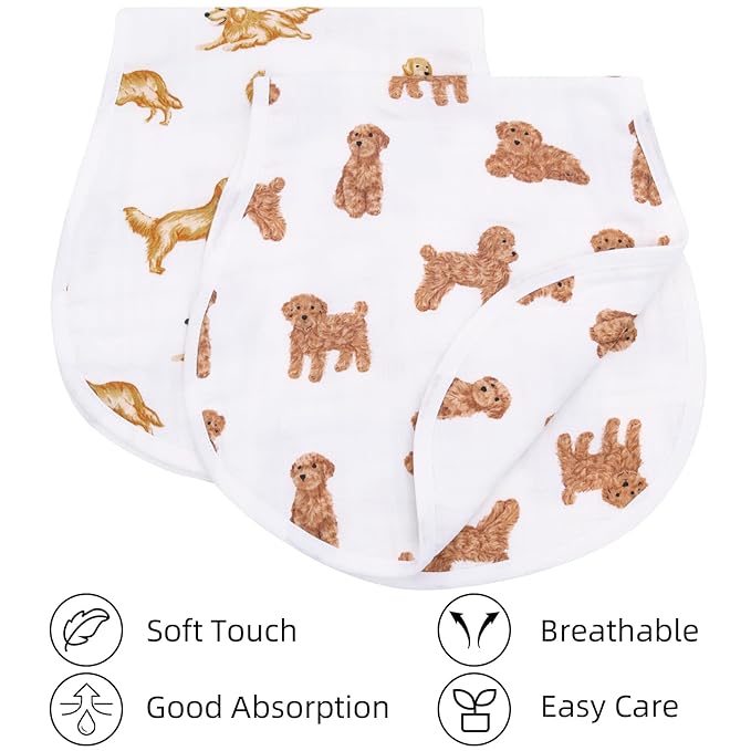 LifeTree Muslin Baby Burp Cloths - 2 Pack 70% Viscose from Bamboo and 30% Cotton Large 22'' by 10'' Absorbent Milk Spit Up Rags - Burping Cloths for Newborn, Girls Boys, GoldenRetriever & PoodleDog