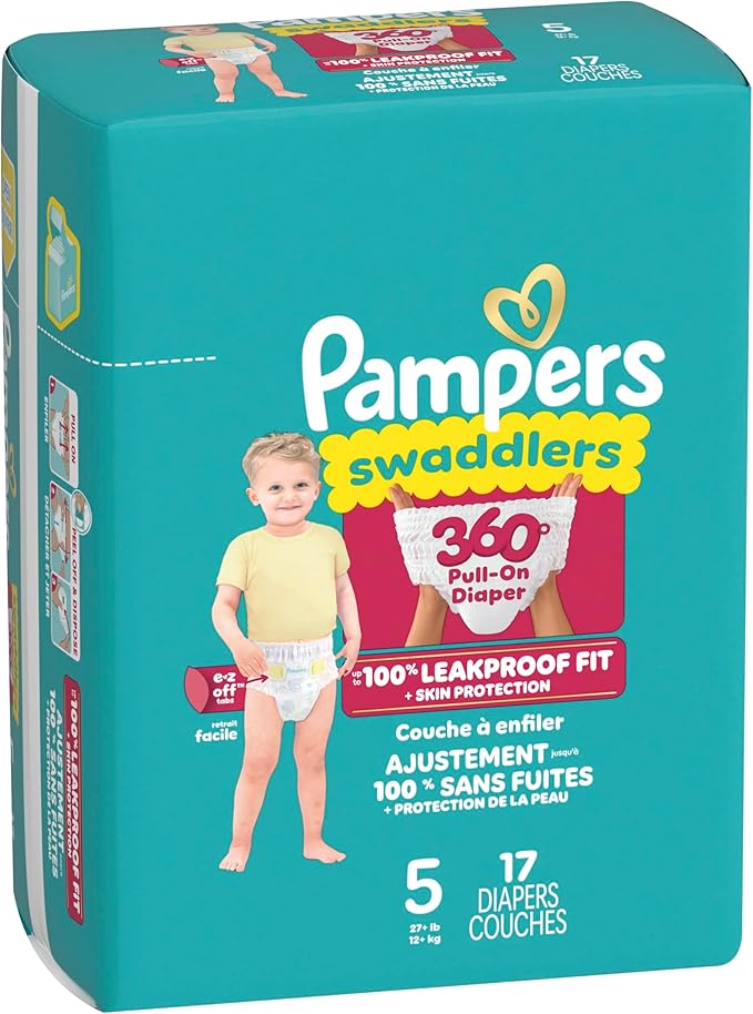 Pampers Diapers - Swaddlers 360° - Size 5, 17 Count, up to 100% Leakproof Comfy Dry Fit, Designed for Easy Changes, Pull On Baby Diaper