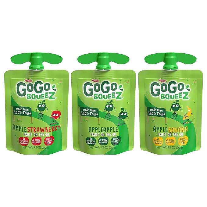 GoGo squeeZ Applesauce, Variety Pack (Apple/Banana/Strawberry), 3.2 Ounce (20 Pouches), Gluten Free, Vegan Friendly, Unsweetened, Recloseable BPA Free Pouches