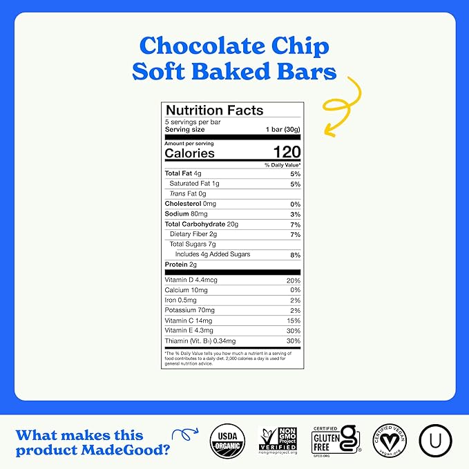 MadeGood Mornings Soft Baked Breakfast Bars, Chocolate Chip, 1.06 Oz (30 Count) Gluten Free Snacks
