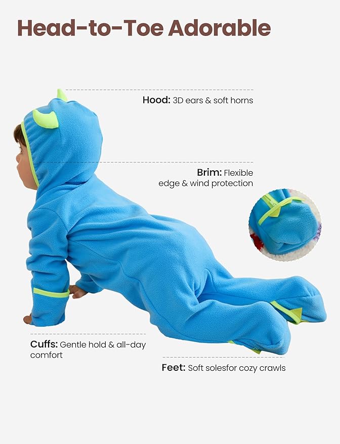 PATPAT Fleece Hooded Footed Romper Clothes, Soft Warm Footie Covers, Car Seat Friendly, Easy Zip, Cute Boy Girl
