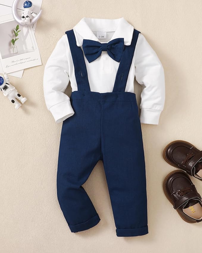 Newborn Baby Boy Clothes Gentleman Wedding Suit Infant Outfits Formal Dress Shirt+Bowtie+Suspender Pants
