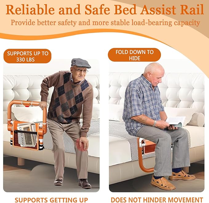Folding Bed Rails for Elderly Adults Safety, Adjustable Height Bed Assist Rails for Seniors, Foldable Bed Side Rails with Non-Slip Handle and Storage Pouch, Fits King Queen Full Twin Beds