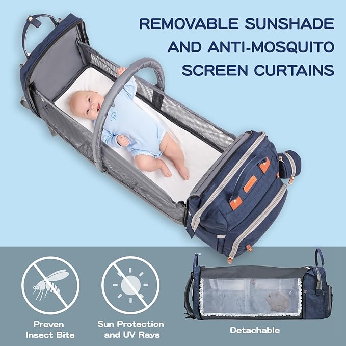 JOYCE Baby Diaper Bag Backpack, with Diaper Changing Station, Multi-functional Travel Diaper Waterproof Backpack, for Baby Boys and Girls, with Foldable Portable Pad and Sunshade (Large Blue)
