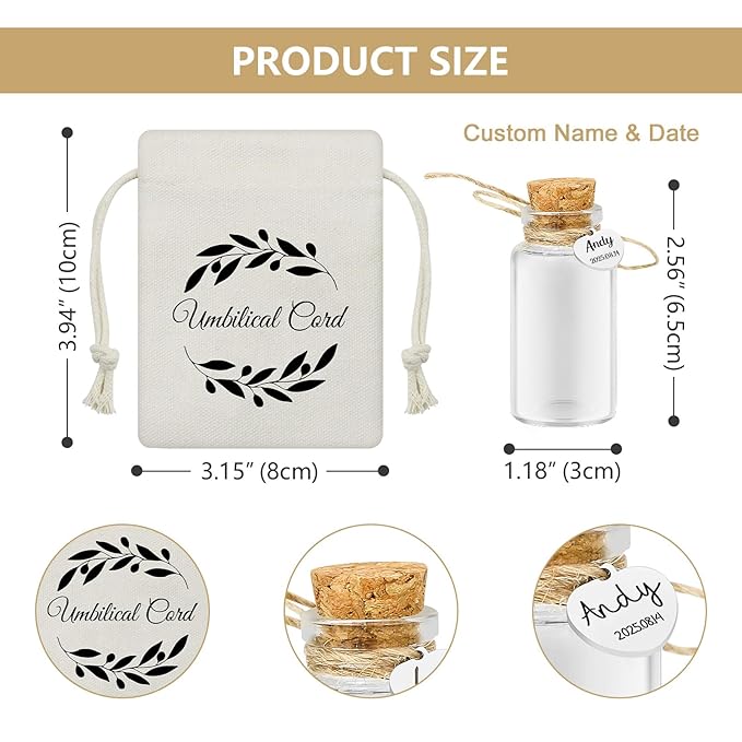 Umbilical Cord Keepsake Glass Bottle with Cork, Jar for Umbilical Cord/fetal Hair Storage and Memorial, Gift for Newborn Christening Baby Shower, Comes with Gift Bag (Customized)