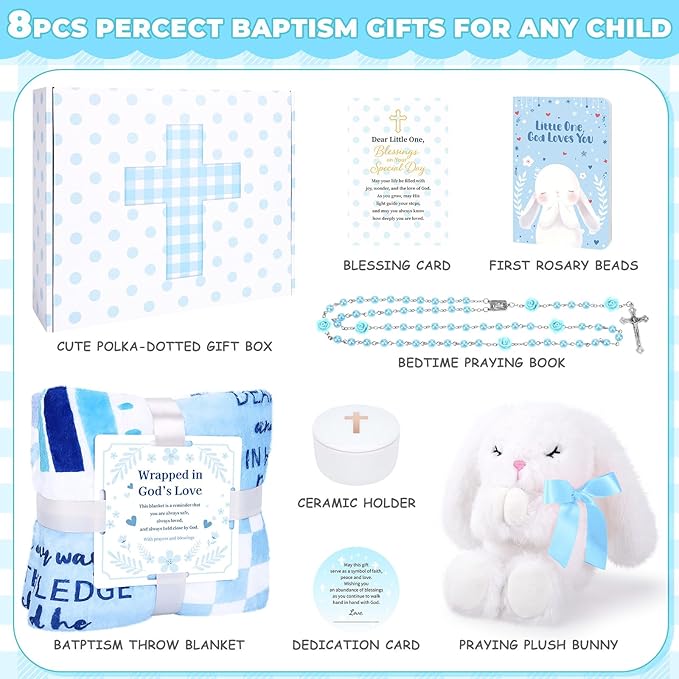 Baptism Gifts for Boy, Christening Gift Set for Baby Boys, Baby Dedication Gift, Includes Bunny Stuffed Animal, First Rosary Beads, Prayer Book, Keepsake Blanket, Catholic Baptism Gift Basket