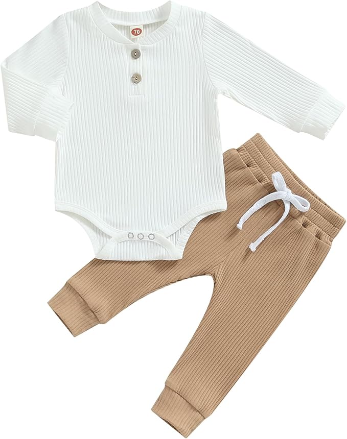 Newborn Baby Boy Girl Clothes Ribbed Knitted Long Sleeve Romper Pants Solid Cotton Infant Fall Winter Outfits 2Pcs