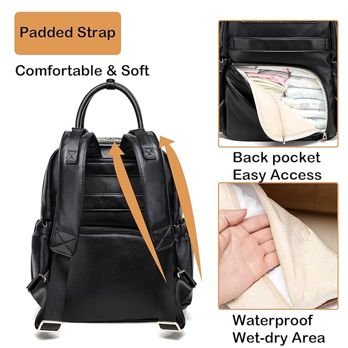 Leather Diaper Bag Backpack for Women with Multiple Pockets,Laptop Compartment and Changing Pad.