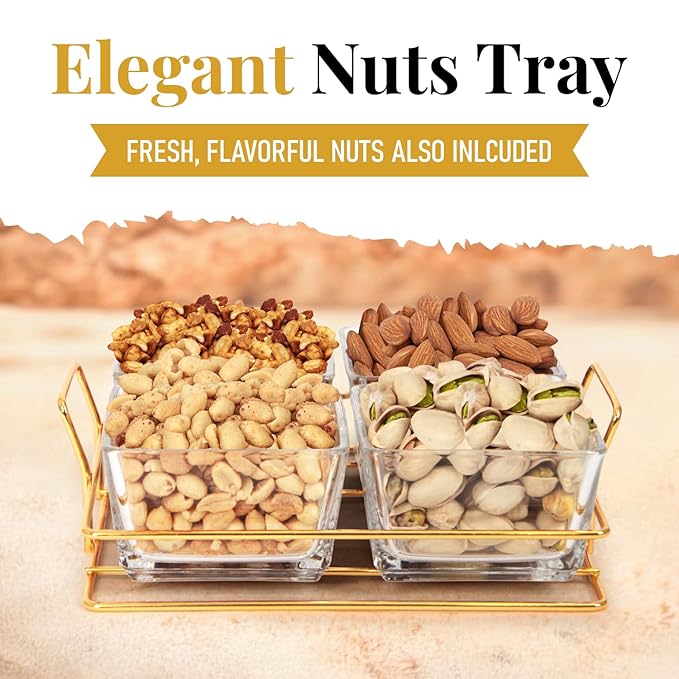 Nuts gift Basket Luxurious and Elegant 4 Sectional Premium Reusable Glass Tray, Perfect Holiday Food Gift Basket for Everyday Gifting