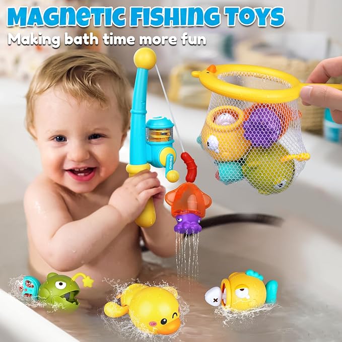 Baby Bath Toys for Kids Ages 1-3, Magnetic Fishing Games with Floating Bathtub Wind-Up Toys & Fishing Net, Fishing Rod Water Pool Toys for Toddlers 1-3