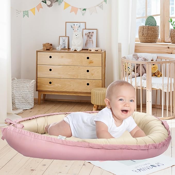 Infant Lounger, Portable Baby Nest Cover, 100% Cotton, Breathable & Reversible, Baby Lounger for Newborn, Adjustable Baby Floor Seat for Tummy Time, Essentials for Newborns (Pink)