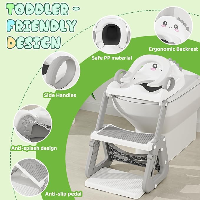 Potty Training Seat, Upgrade 2 in 1 Potty Training Toilet with Step Stool Foldable Toddler Toilet Seat for Kids Boys Girls Toddler Potty with Splash Guard Anti-Slip Pad Adjustable Ladder & Seat Height