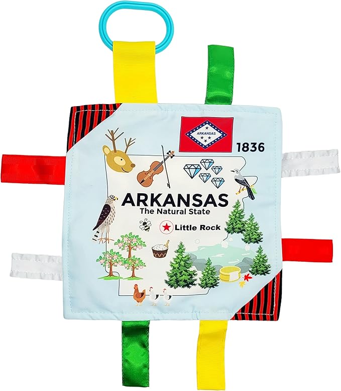 Baby Jack & Co 8x8” Learning Lovey Arkansas State Tag Stroller Toy for Babies - Crinkle Toys for Developing Five Senses - Learn About Capitals - Travel with Baby Jack - BPA Free Clip