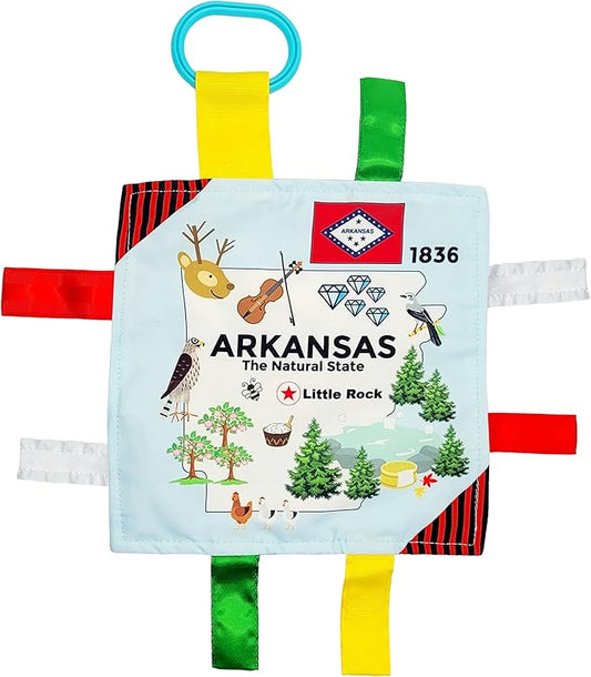 Baby Jack & Co 8x8” Learning Lovey Arkansas State Tag Stroller Toy for Babies - Crinkle Toys for Developing Five Senses - Learn About Capitals - Travel with Baby Jack - BPA Free Clip
