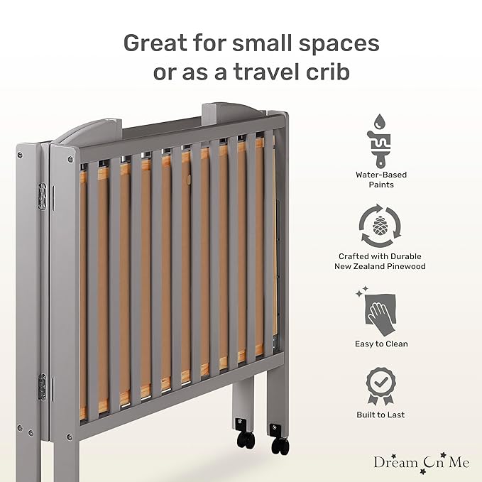 Dream On Me 3 in 1 Portable Folding Stationary Side Crib in Steel Grey, Greenguard Gold Certified, Safety Wheels with Locking Casters, Convertible, 3 Mattress Heights