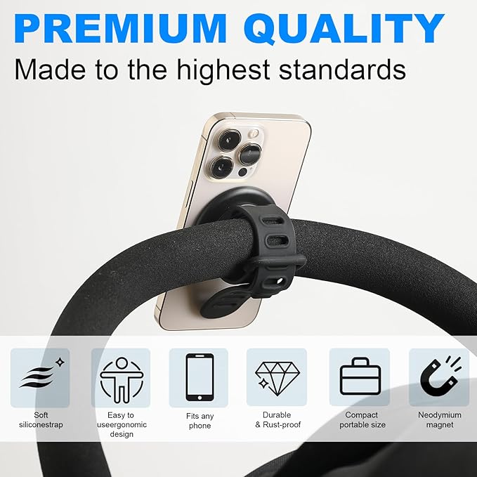 Stroller Phone Holder Universal Phone Holder for Stroller Strong magnetic phone holder with adjustable strap, stable and safe, compatible with fitness equipment, strollers, shopping carts, Black