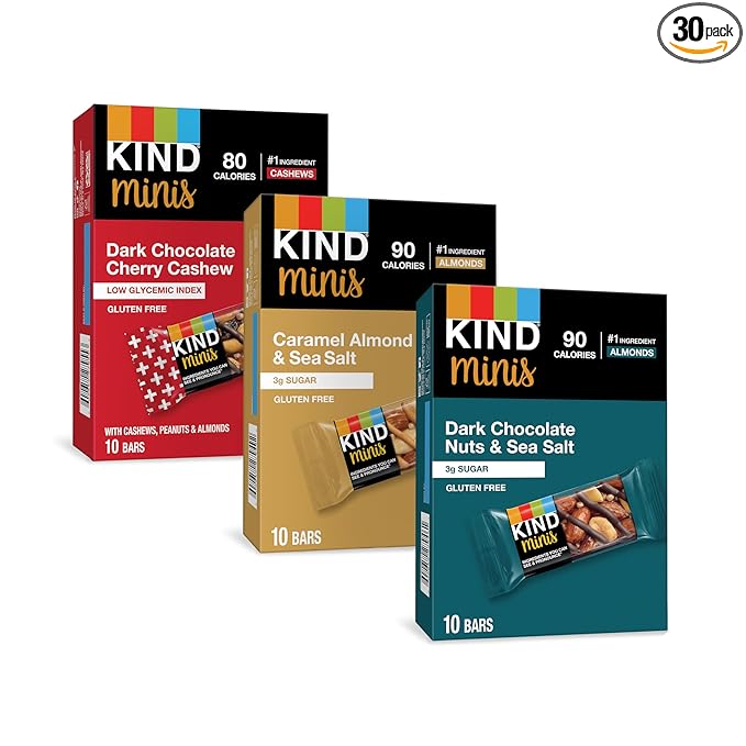 KIND Bar Minis, Variety Pack, Dark Chocolate Nuts and Sea Salt, Caramel Almond Sea Salt, Dark Chocolate Cherry Cashew Healthy Snacks, Gluten Free, Low Calorie Snacks, Low Sugar, 30 Count