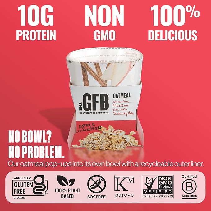 The GFB Apple Cinnamon Protein Oatmeal Cups - Unique Pop-Up Bowl - Gluten Free, Plant Based, Non GMO, Sustainably Made - Ridiculously Tasty, Healthy, Vegan Protein Instant Oatmeal, 2 oz (6 Count)