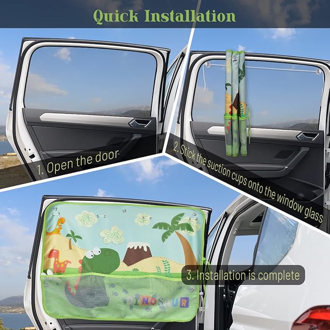 Car Window Shade for Baby, 2 Pack Car Sun Shades with Storage Pockets Car Window Curtain 7 Suction Cups Dinosaurs Pattern for Sun/Heat/UV Rays Protection