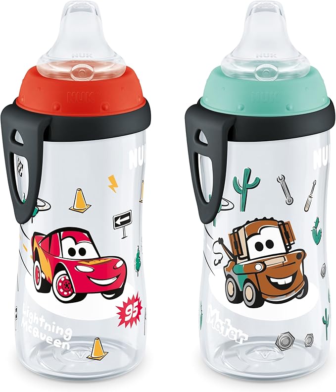 NUK Active Sippy Cup, 10 oz, 2 Pack, Disney's Cars, Lightning McQueen, BPA-Free, Spill-Proof, Transition Cup