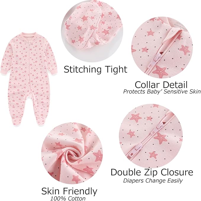 Baby Boys Girls Footies One-Piece Romper Long-Sleeve Jumsuit Cotton Newborn Clothes Set 4-Pack, Baby Pajamas