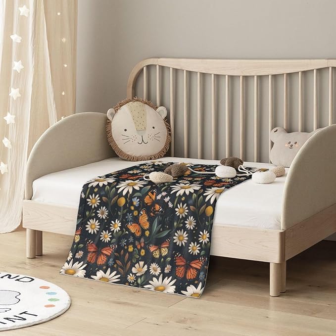 Baby Blanket Daisy Butterfly Vintage for Boy Girl Newborn 30x40 Inch Toddler Infant Nursery Throw Blankets Double Layer Comfy Soft Plush Stroller Crib Quilt