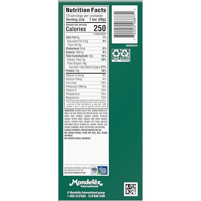 CLIF BAR - Oatmeal Raisin Walnut - Made with Organic Oats - Energy Bars - Non-GMO - Plant Based Protein Bars (10 Pack)