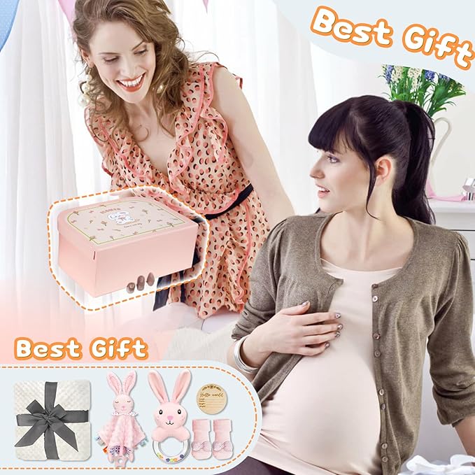 Baby Girl Gift Basket, Unique Baby Gift Basket, Baby Girl Gift Set, Baby Girl Gifts Newborn Gift Set with Baby Blanket, Baby Rattle, Bunny Handbell, Keepsake Milestone, Rabbit Toy, Baby Socks