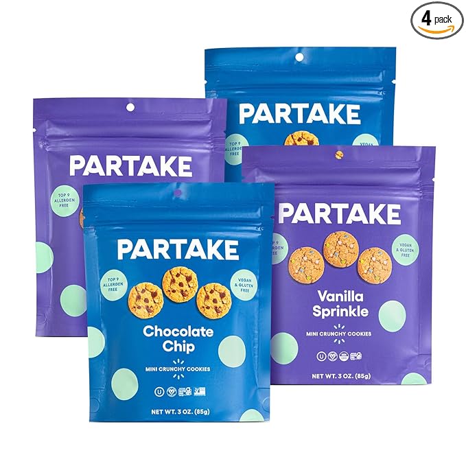 Partake Gluten Free Crunchy Chocolate Chip & Vanilla Sprinkle Cookies Variety Pack - Vegan - Free From the Top 9 Allergens Including Dairy, Wheat, Soy, Eggs, & Peanuts - Non GMO - Safe School & Office Snack (4 Pack, 4oz Resealable Bags)